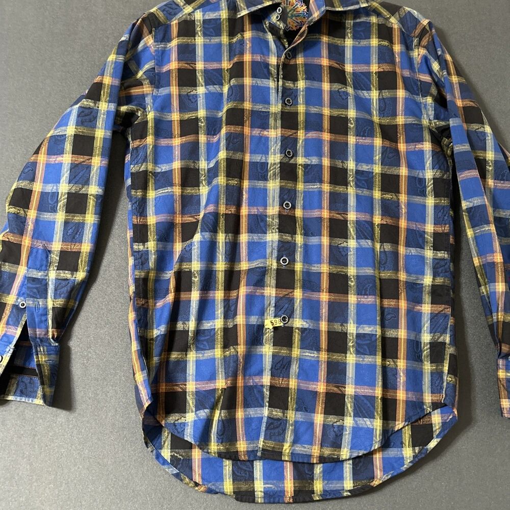 Robert Graham Mens Shirt Blue Yellow Plaid Long Sleeve Contrast Cuff Sz XS